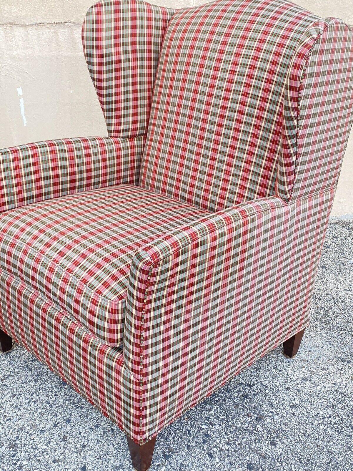 Fabric William Alan Green & Red Plaid Wingback Lounge Arm Club Chairs, a Pair