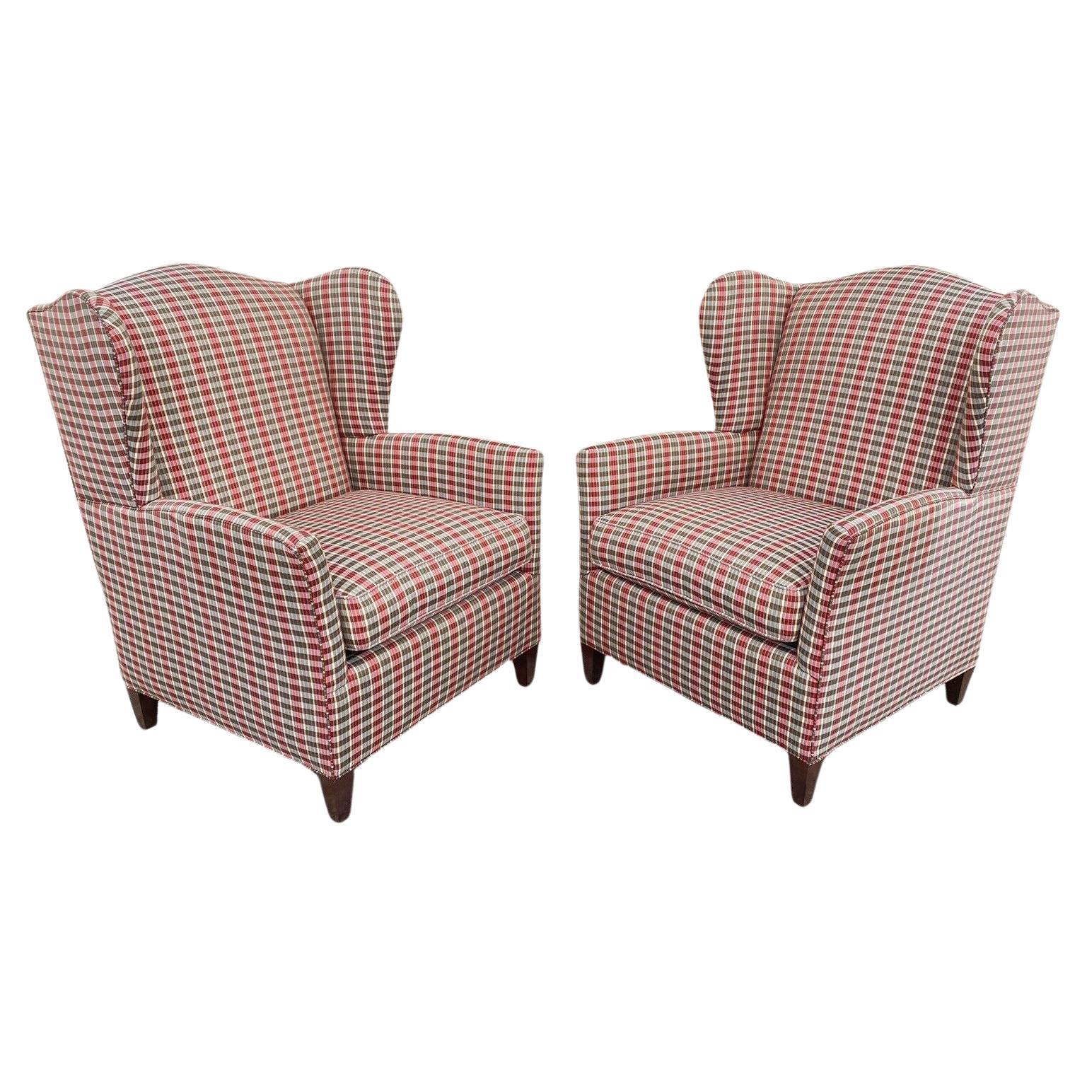 William Alan Green & Red Plaid Wingback Lounge Arm Club Chairs, a Pair