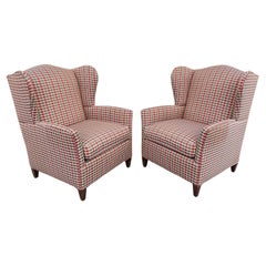 Vintage William Alan Green & Red Plaid Wingback Lounge Arm Club Chairs, a Pair