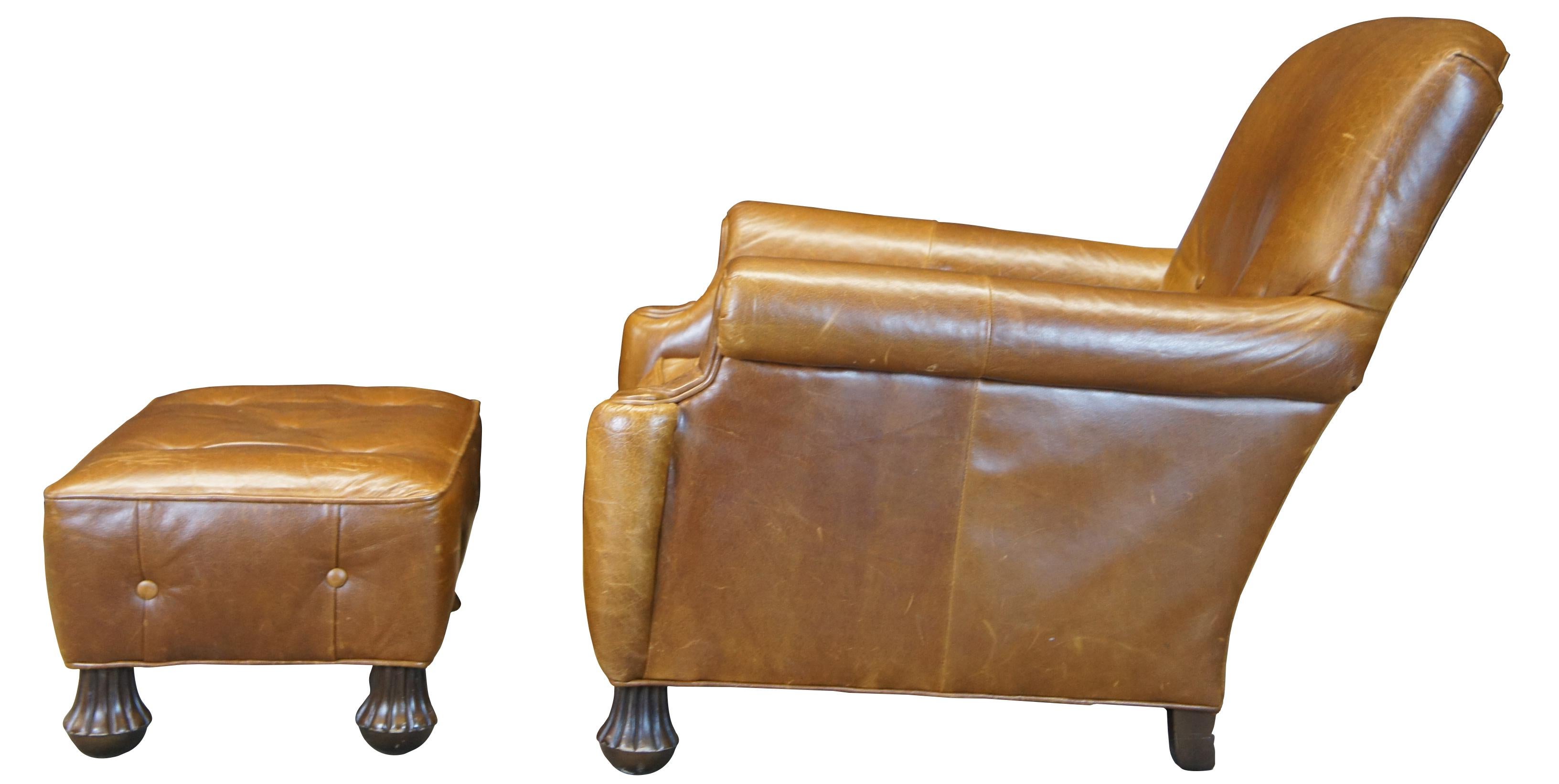 William Alan Inc brown leather club chair, circa 1999 Features a down cushion, rolled arms, tufted seat and ottoman and bun feet.

William Alan is based out of High Point, NC. They specialize in building custom furniture and have been in business