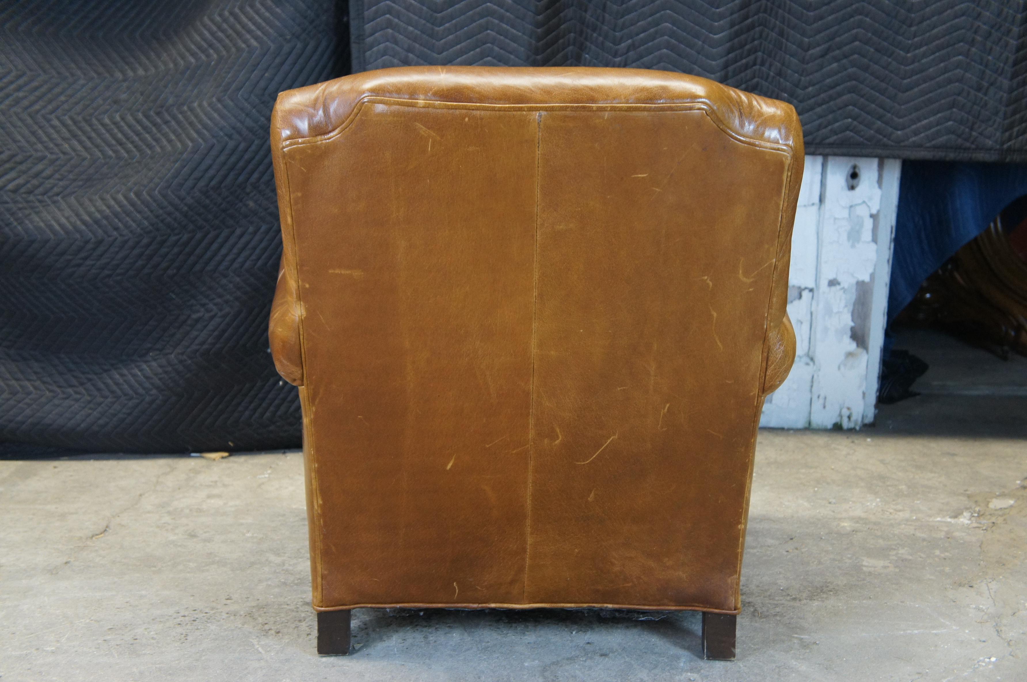 William Alan Traditional Brown Leather Tufted Club Chair & Ottoman Down Filled In Good Condition In Dayton, OH