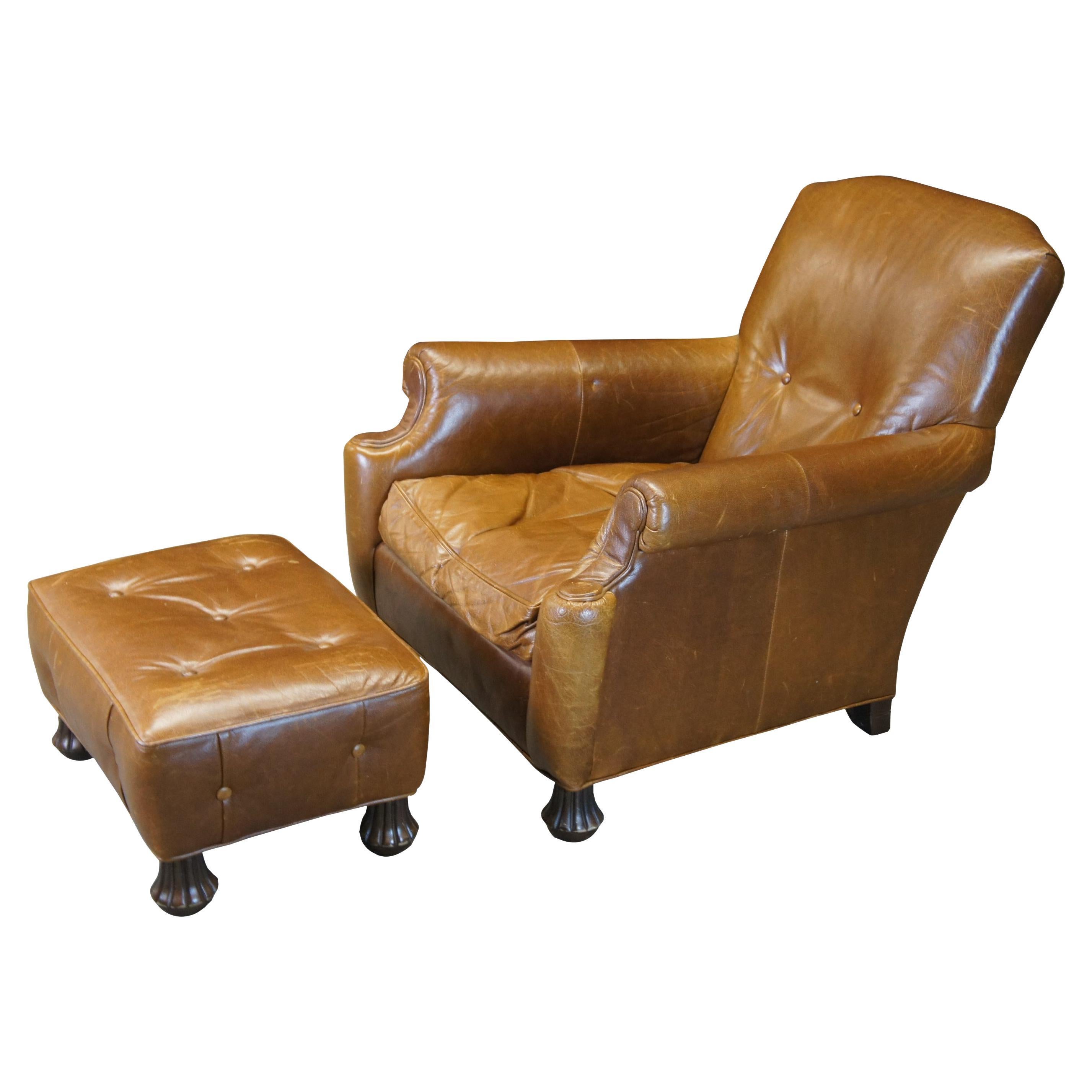 William Alan Traditional Brown Leather Tufted Club Chair & Ottoman Down Filled