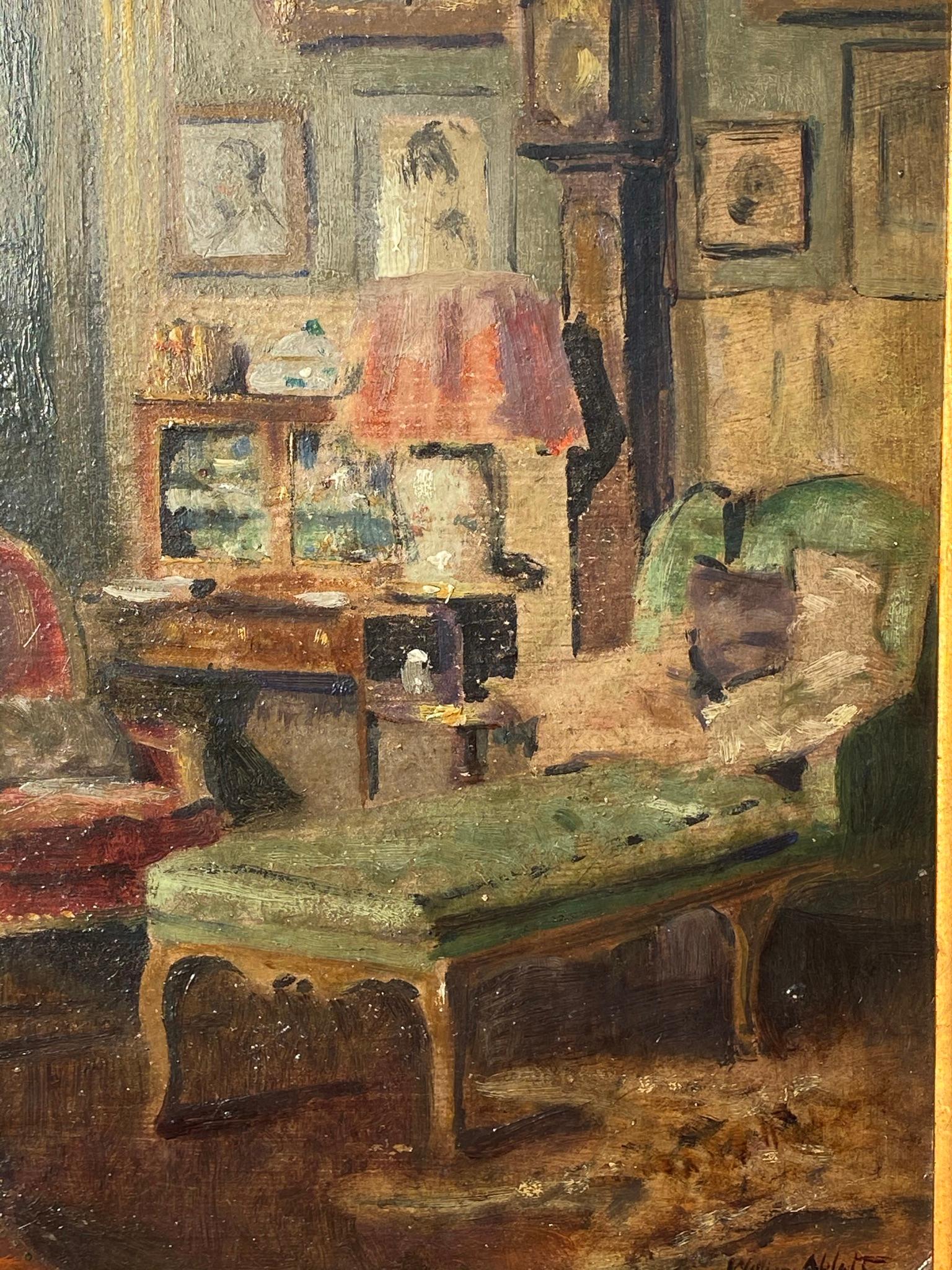 Oil on masonite painting representing an interior scene signed lower right 