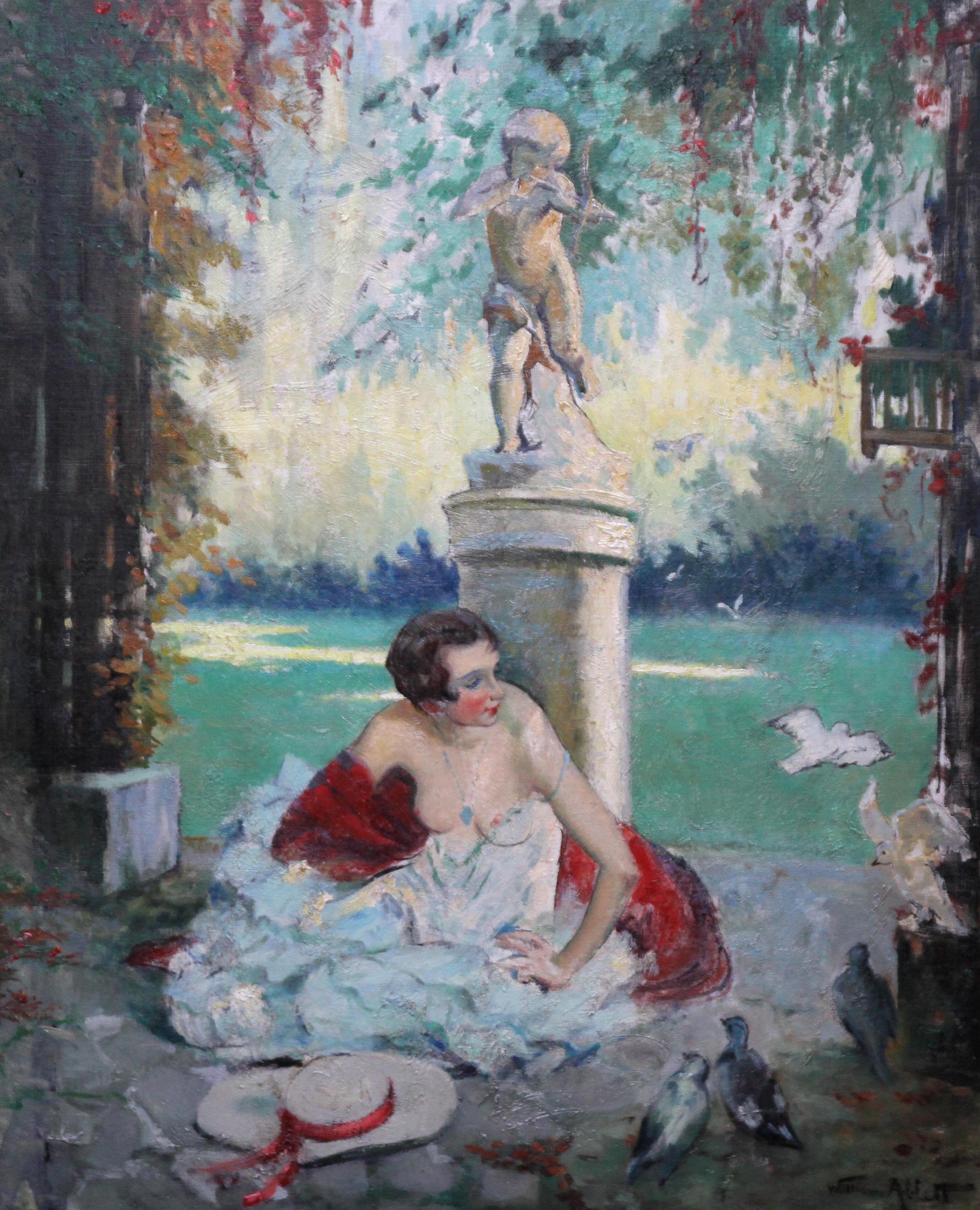 Fin d'Ete End of Summer - French 1920's Art Deco portrait oil painting in garden 7