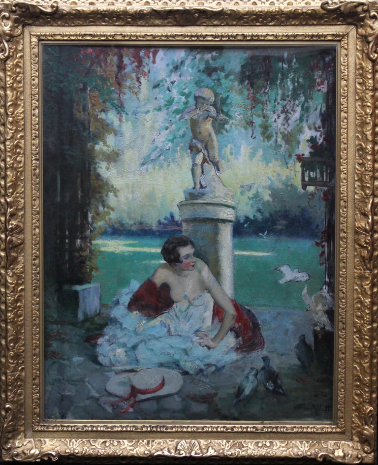 Fin d'Ete End of Summer - French 1920's Art Deco portrait oil painting in garden For Sale 7