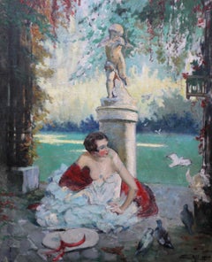 Fin d'Ete End of Summer - French 1920's Art Deco portrait oil painting in garden