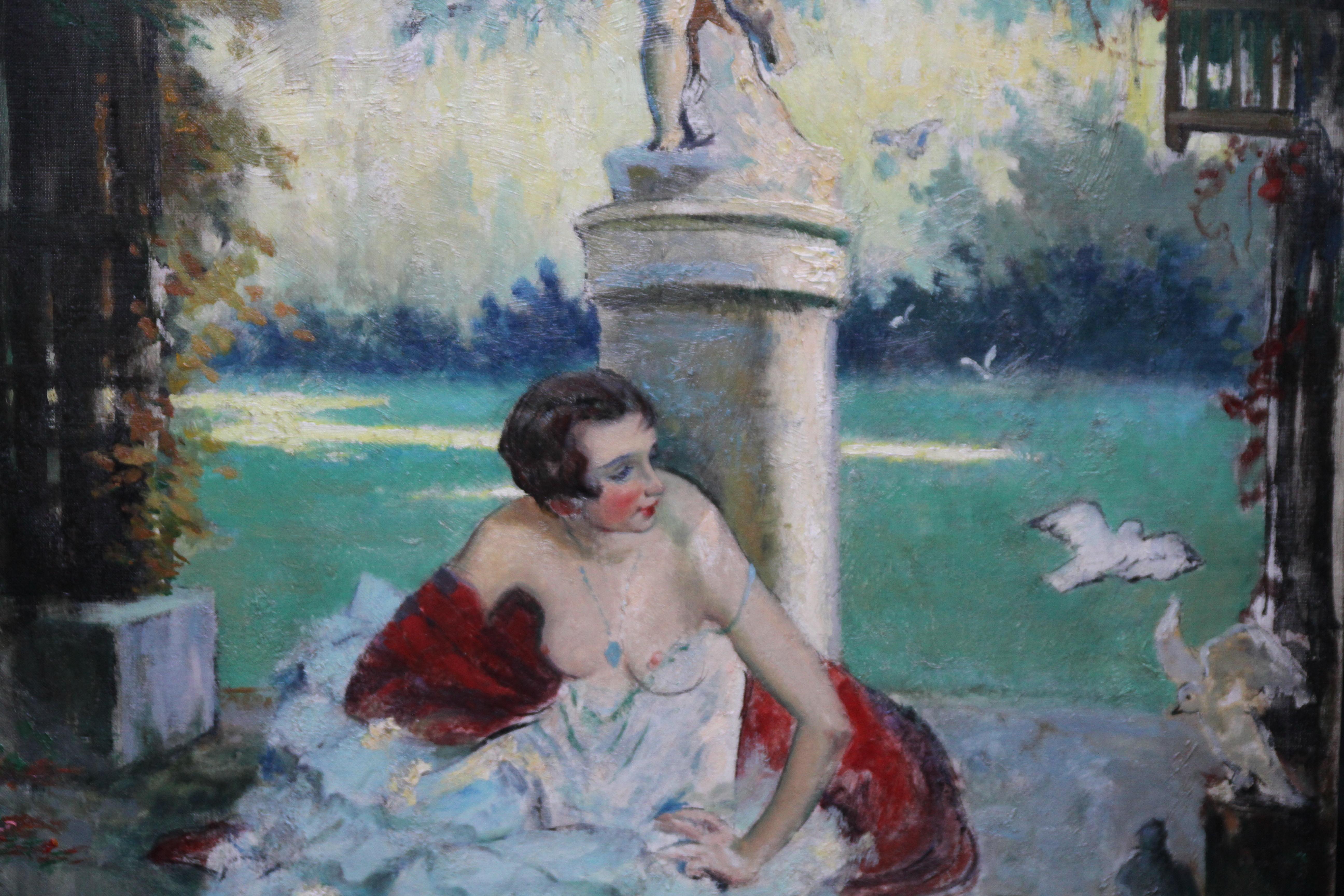 Fin d'Ete End of Summer - French 1920's Art Deco portrait oil painting in garden 1