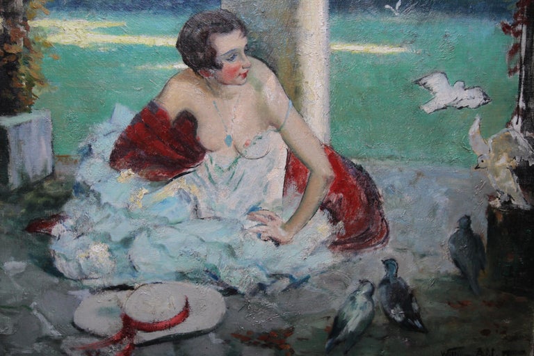Fin d'Ete End of Summer - French 1920's Art Deco portrait oil painting in garden For Sale 1