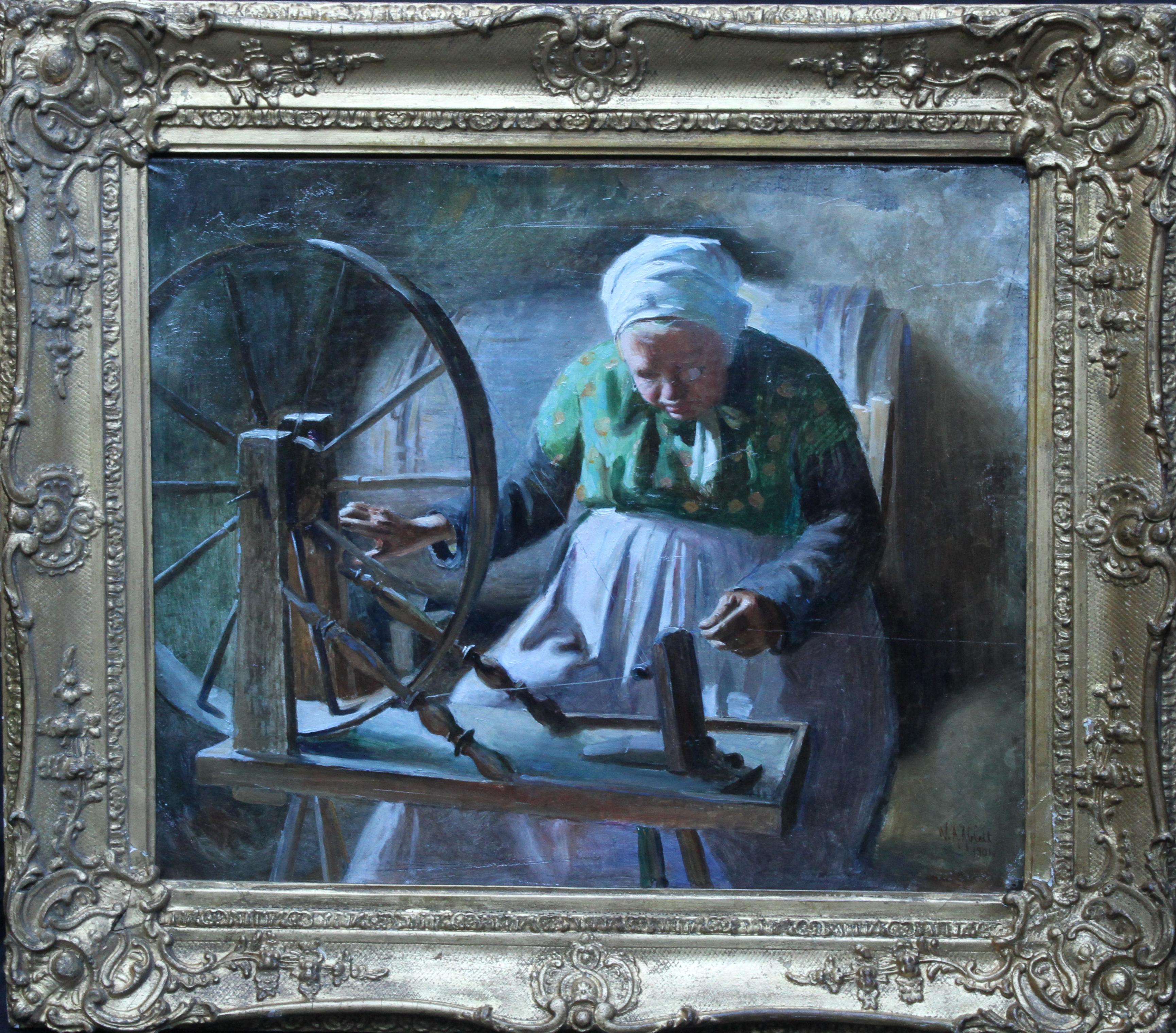 Portrait of Lady at Spinning Wheel - French 1901 interior portrait oil painting For Sale 5