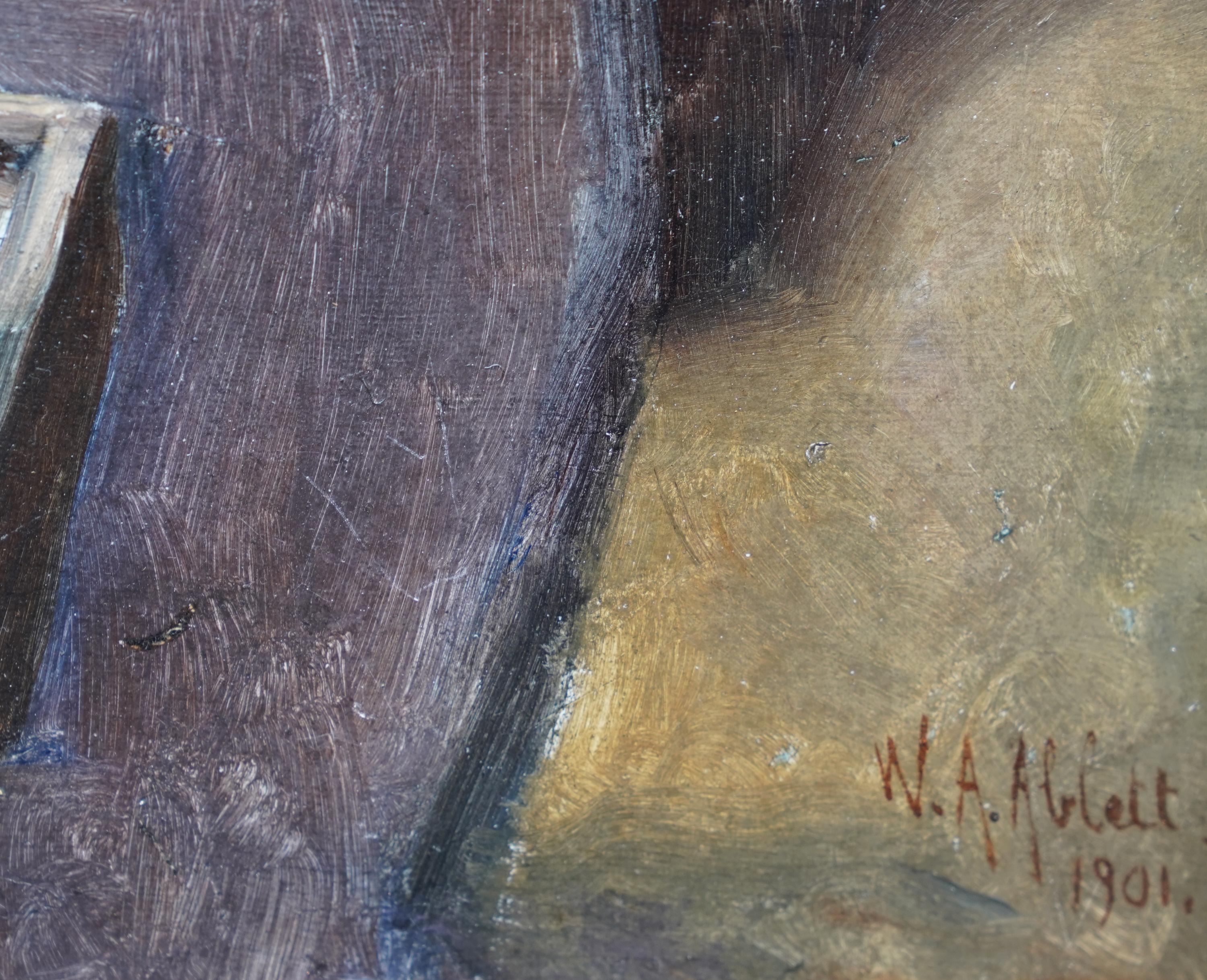Retrato de dama a la rueca - Pintura al óleo retrato interior francés 1901 en venta 6