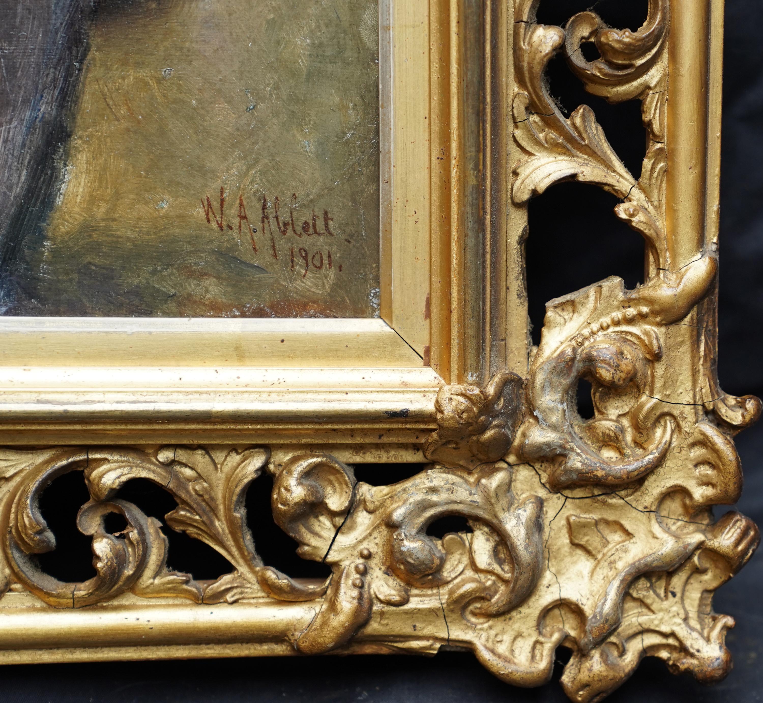 Retrato de dama a la rueca - Pintura al óleo retrato interior francés 1901 en venta 7