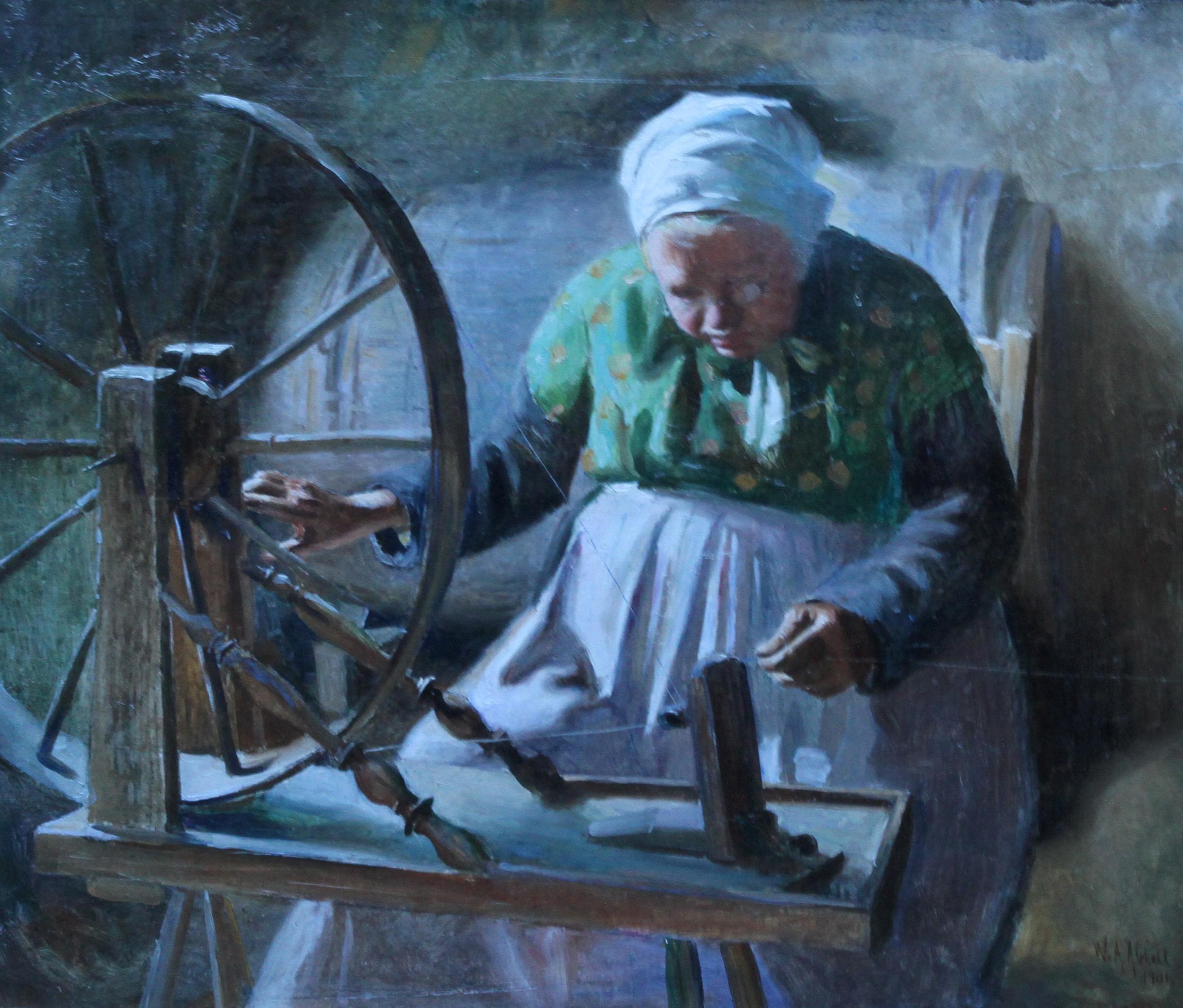 Porträt einer Dame am Spinning Wheel – Französisches Interieurporträt, Ölgemälde von 1901 – Painting von William Albert Ablett