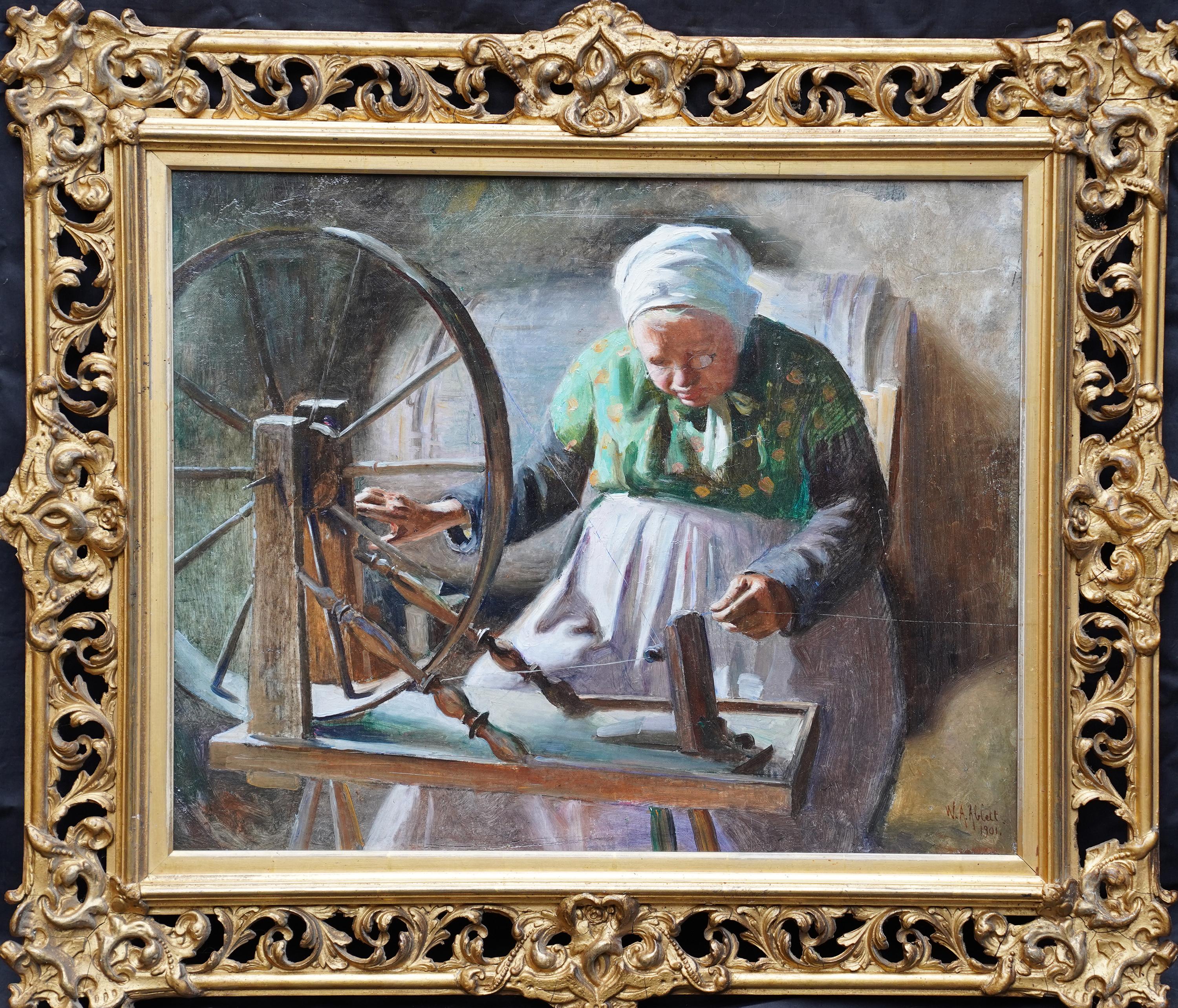 Retrato de dama a la rueca - Pintura al óleo retrato interior francés 1901 - Painting de William Albert Ablett