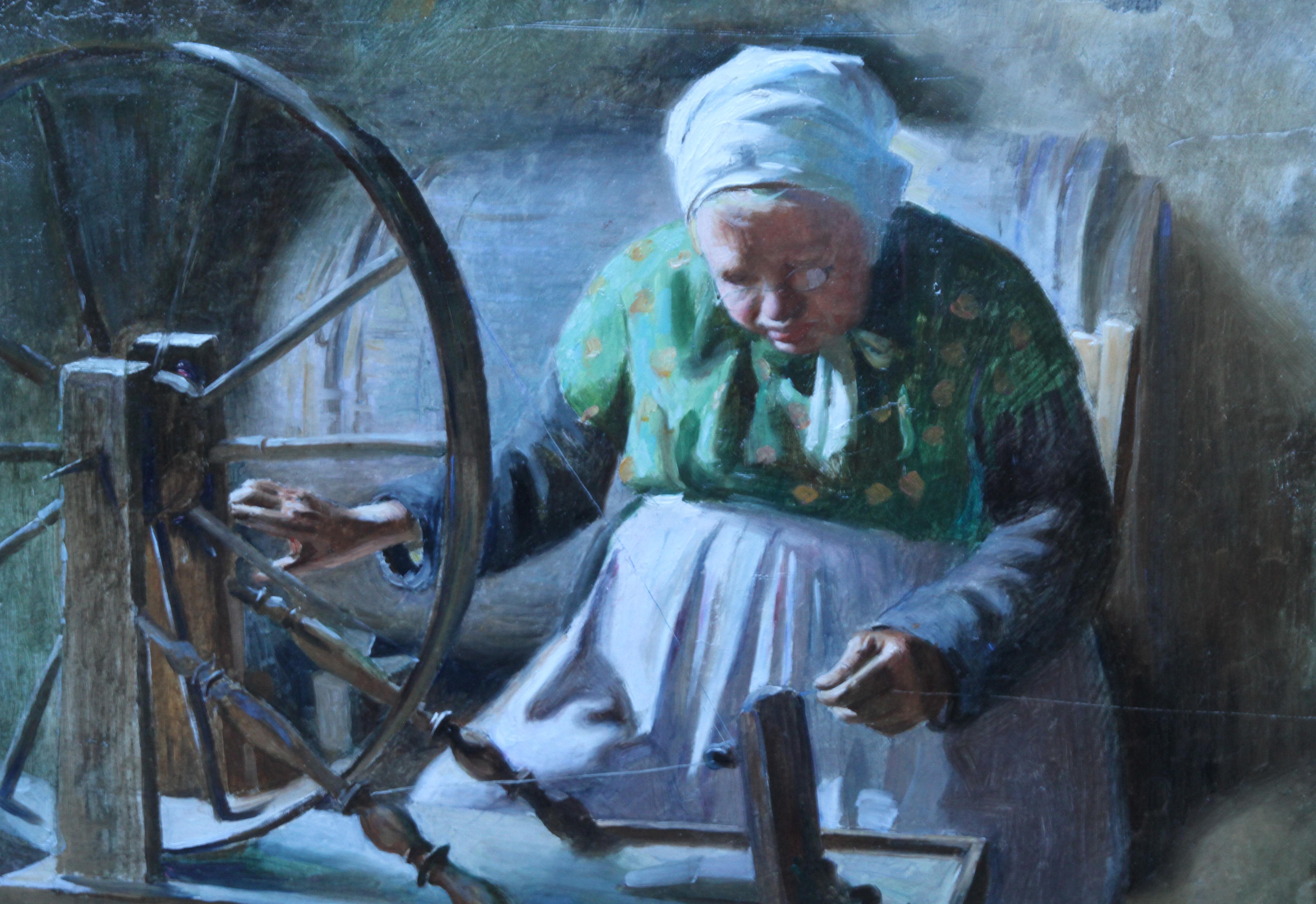 Porträt einer Dame am Spinning Wheel – Französisches Interieurporträt, Ölgemälde von 1901 (Realismus), Painting, von William Albert Ablett
