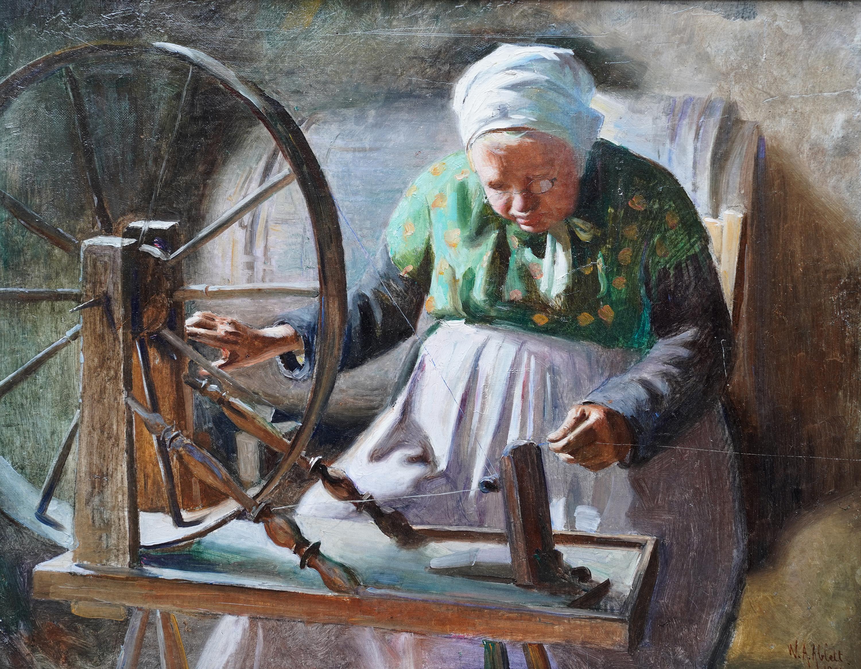 Retrato de dama a la rueca - Pintura al óleo retrato interior francés 1901 - Painting Realista de William Albert Ablett