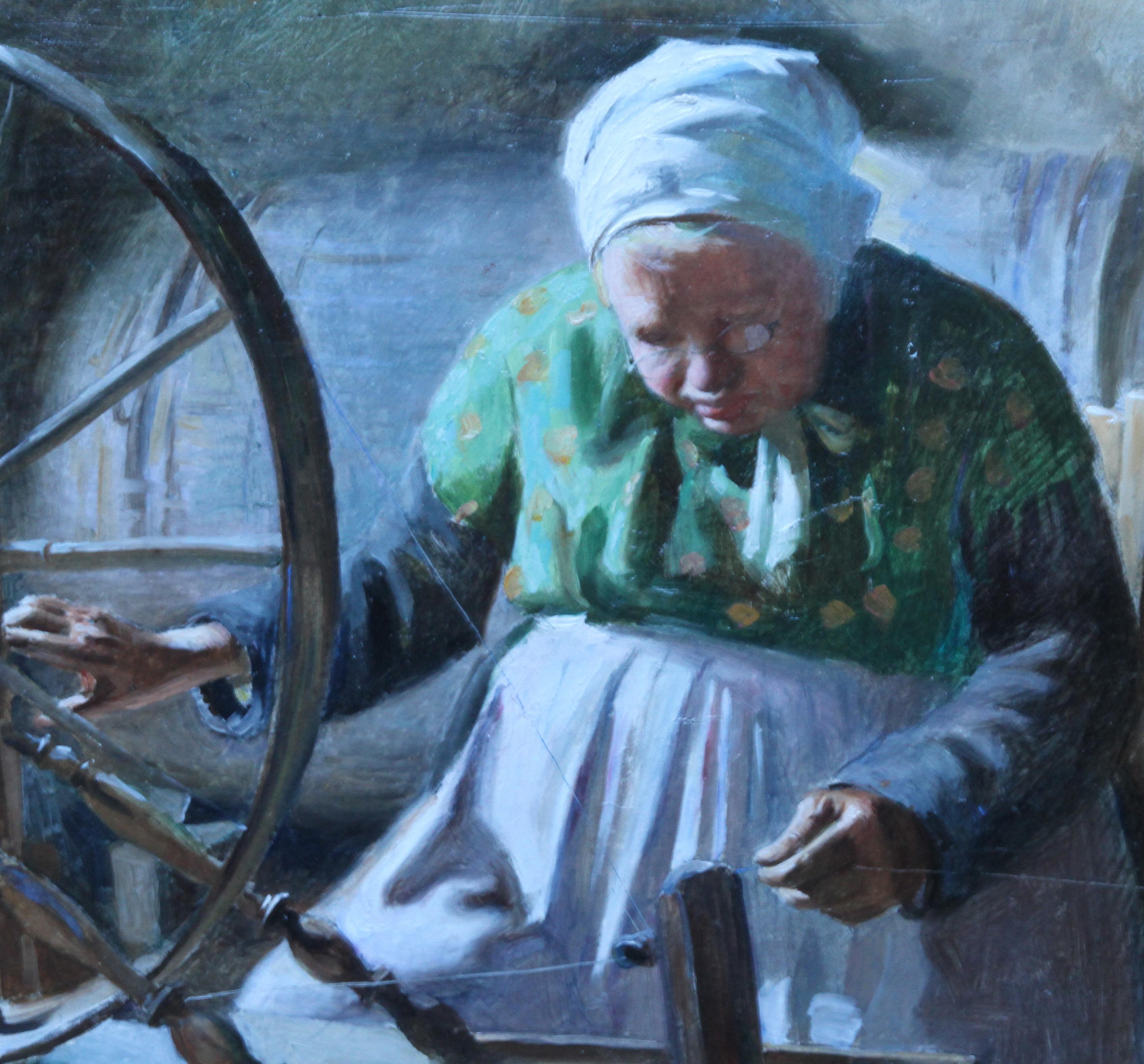 Porträt einer Dame am Spinning Wheel – Französisches Interieurporträt, Ölgemälde von 1901 (Grau), Interior Painting, von William Albert Ablett