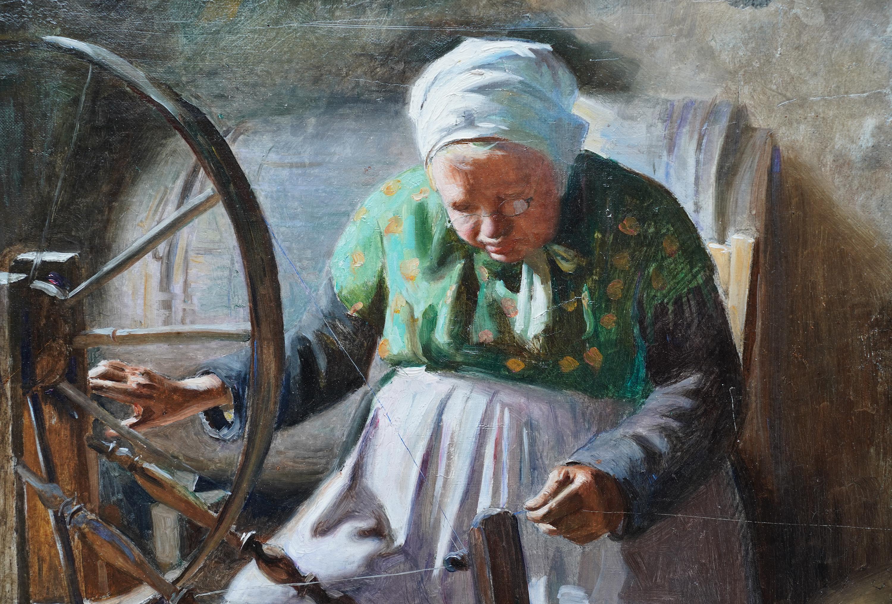 Retrato de dama a la rueca - Pintura al óleo retrato interior francés 1901 - Interior Painting Gris de William Albert Ablett