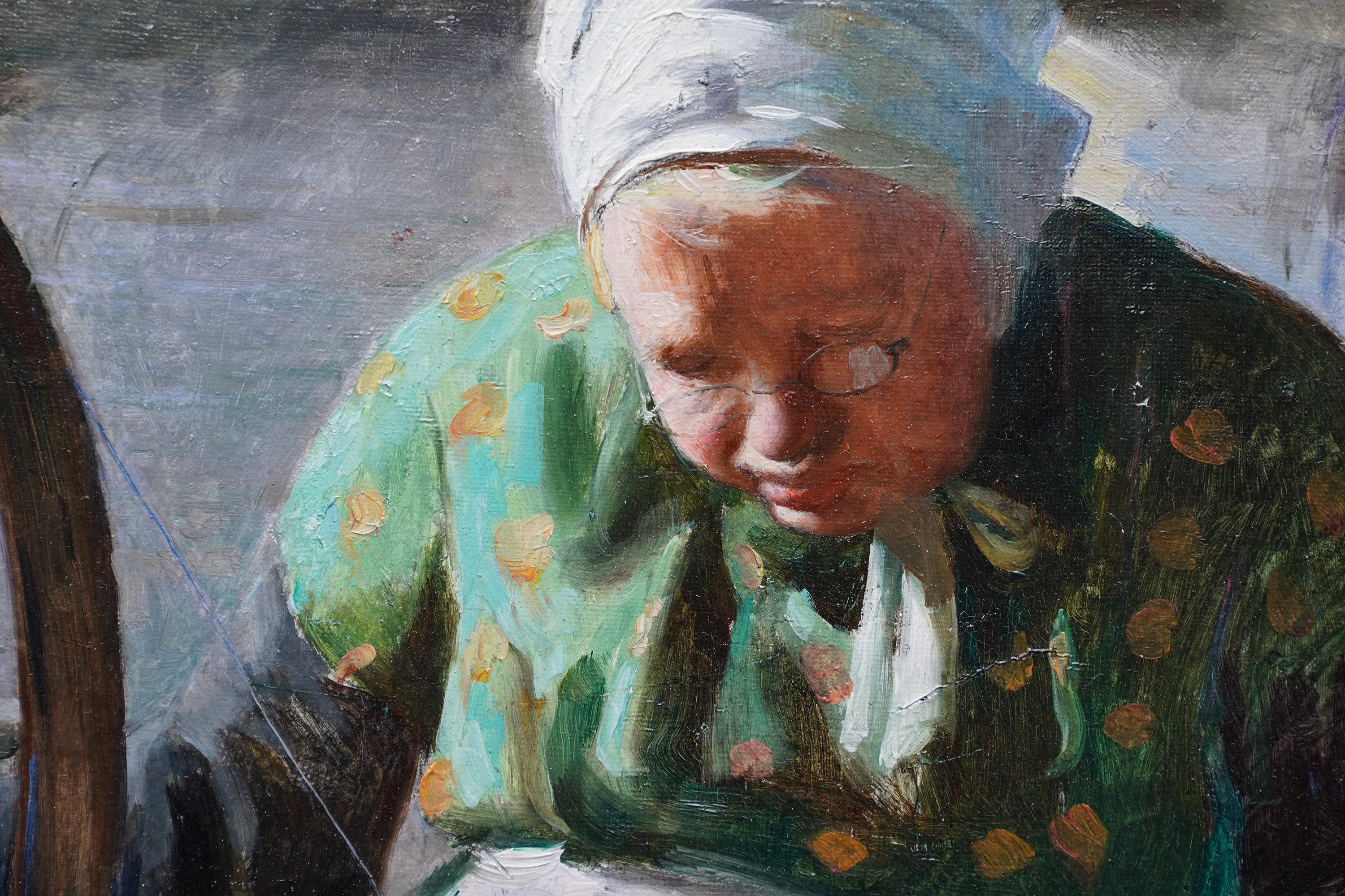 Retrato de dama a la rueca - Pintura al óleo retrato interior francés 1901 en venta 2