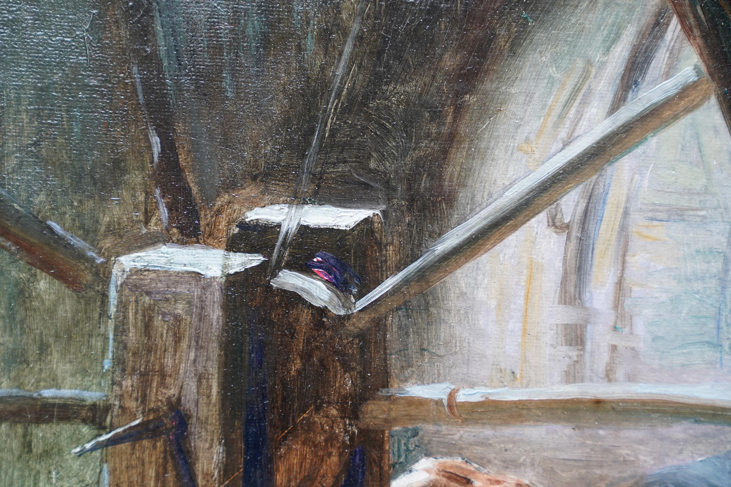 Retrato de dama a la rueca - Pintura al óleo retrato interior francés 1901 en venta 3