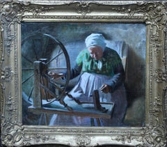 Vintage Portrait of Lady at Spinning Wheel - French 1901 interior portrait oil painting