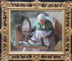 Antique Portrait of Lady at Spinning Wheel - French 1901 interior portrait oil painting