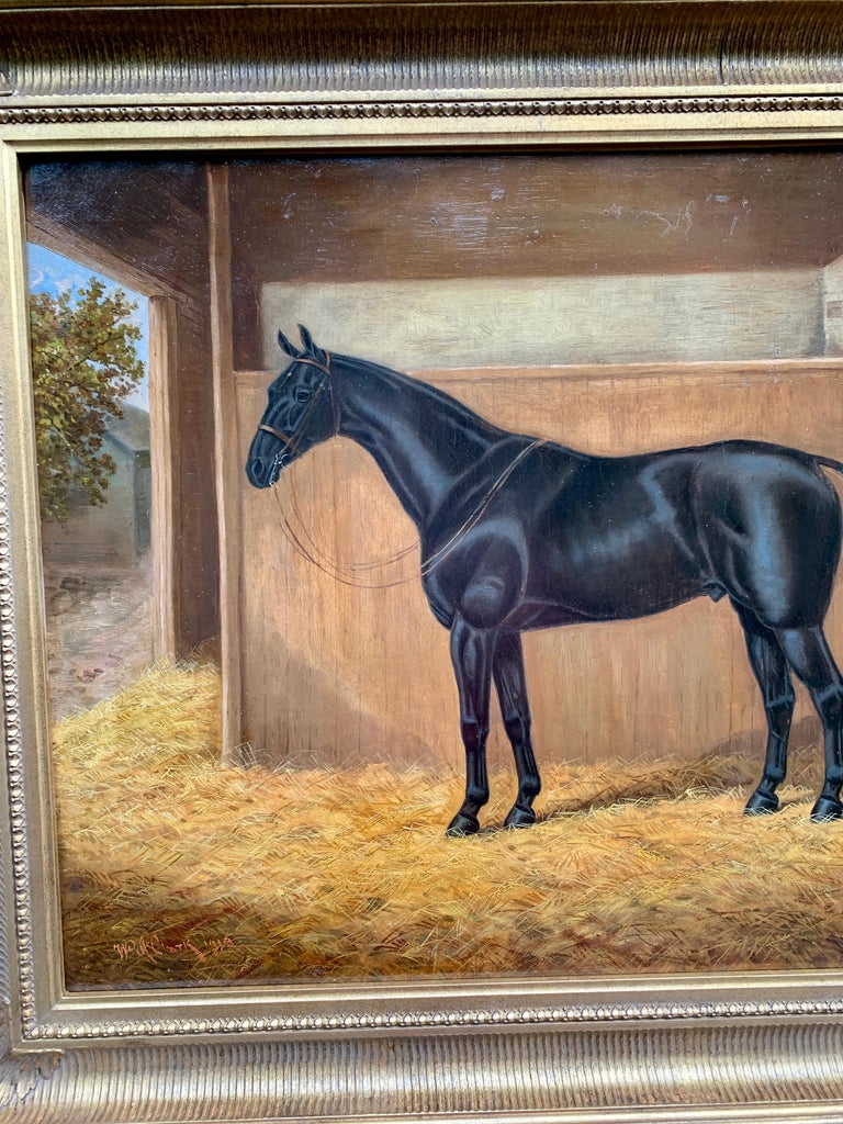 Early 20th century English Antique Victorian style horse in a stable - Painting by William Albert Clark