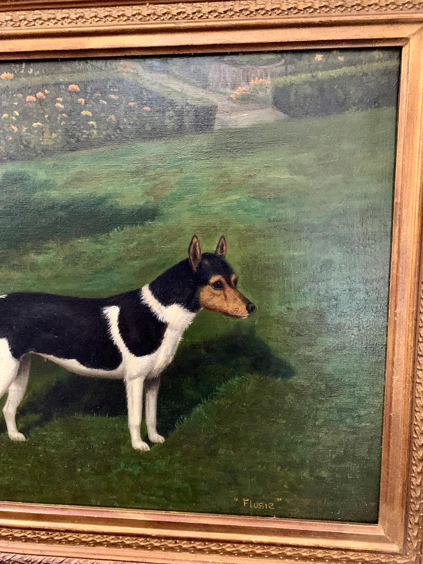English Portrait of a Jack Russell Terrier dog in a landscape, 'Flusie' - Painting by William Albert Clark