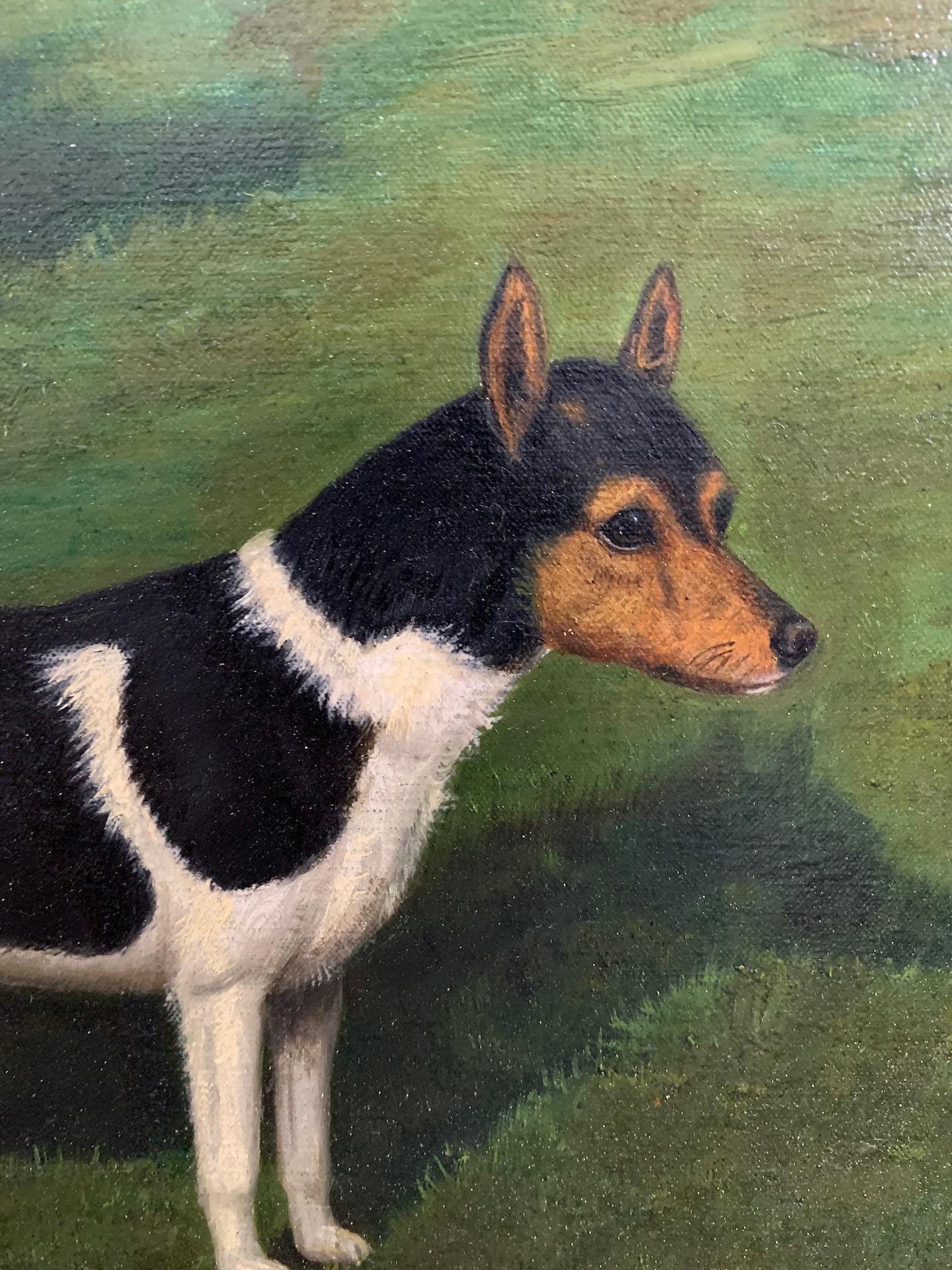 English Portrait of a Jack Russell Terrier dog in a landscape, 'Flusie' - Brown Landscape Painting by William Albert Clark