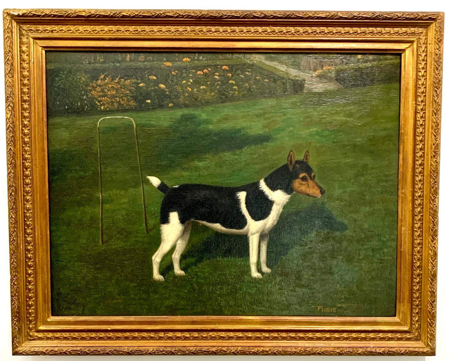 William Albert Clark Landscape Painting - English Portrait of a Jack Russell Terrier dog in a landscape, 'Flusie'