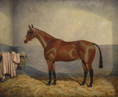 Retrato al óleo de un caballo de carreras bayo en un establo