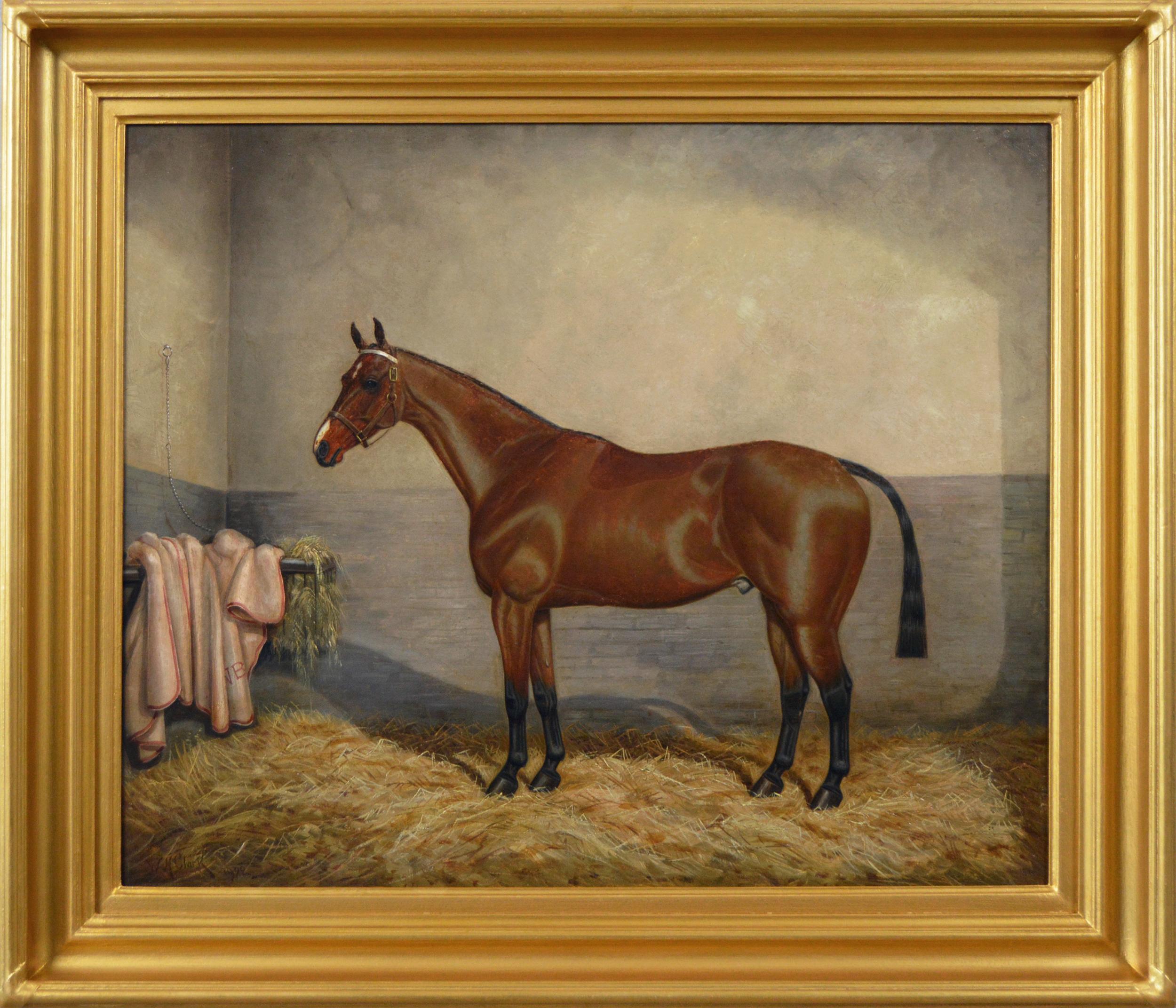 William Albert Clark Animal Painting - Sporting horse portrait oil painting of a bay racehorse in a stable