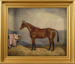 Sporting horse portrait oil painting of a bay racehorse in a stable