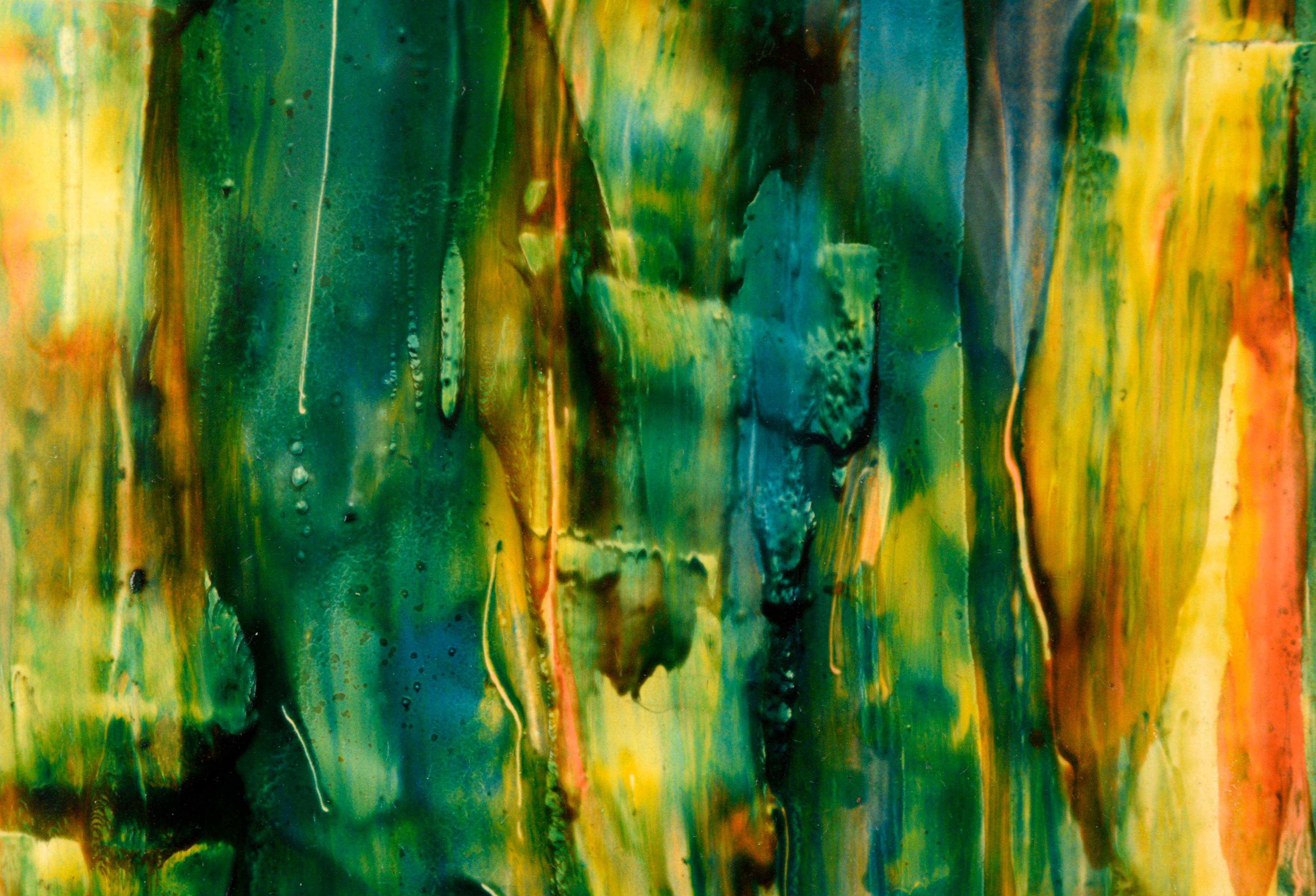 Helles und dynamisches abstraktes Werk des abstrakten Expressionisten William Aldridge aus San Francisco (20. Jahrhundert). Auf eine glatte Oberfläche wurden Schichten von Acrylfarbe aufgetragen, die in einigen Bereichen einen transparenten Effekt