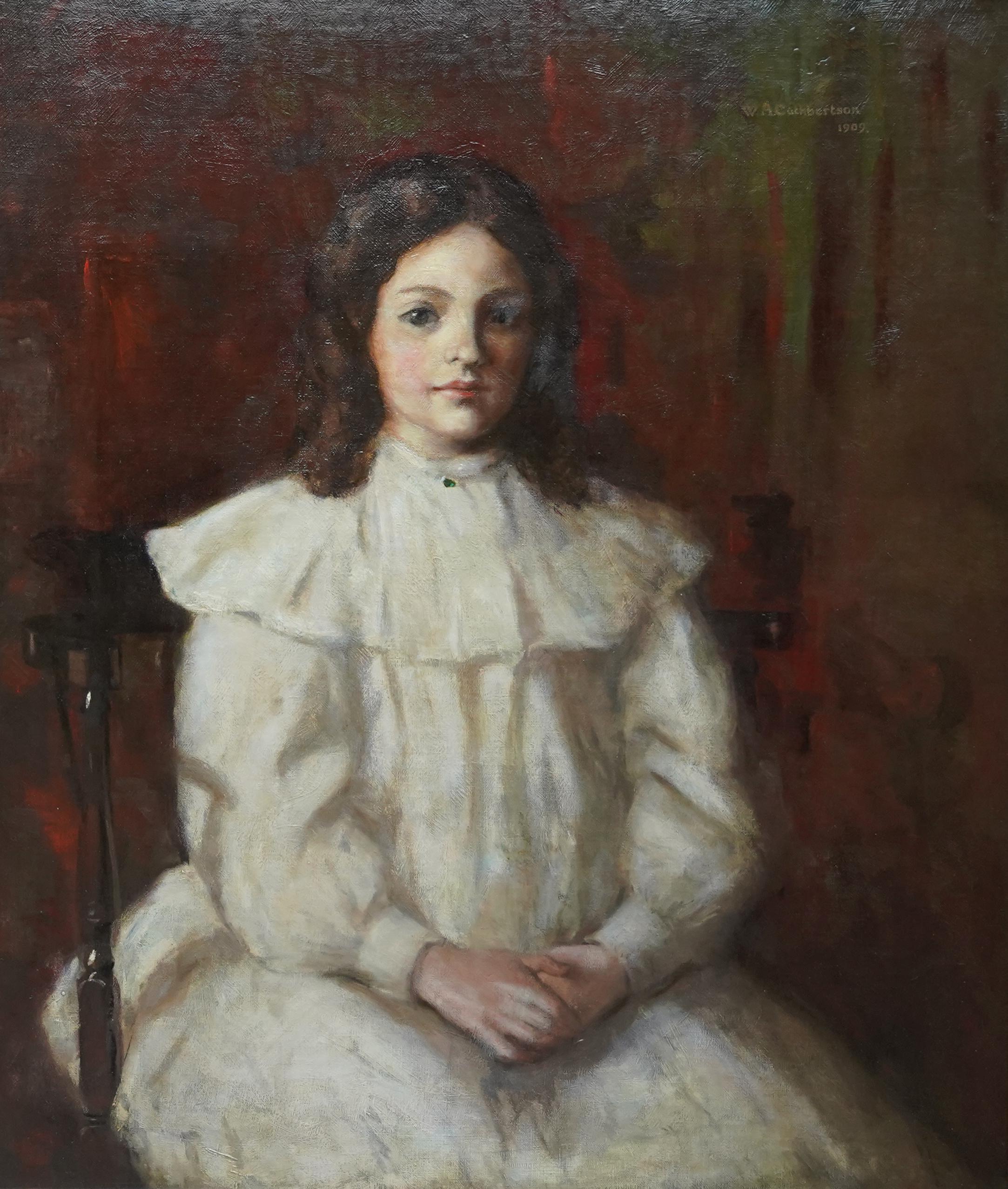 Edwardian Portrait of a Young Girl - Scottish 1909 art portrait oil painting For Sale 3