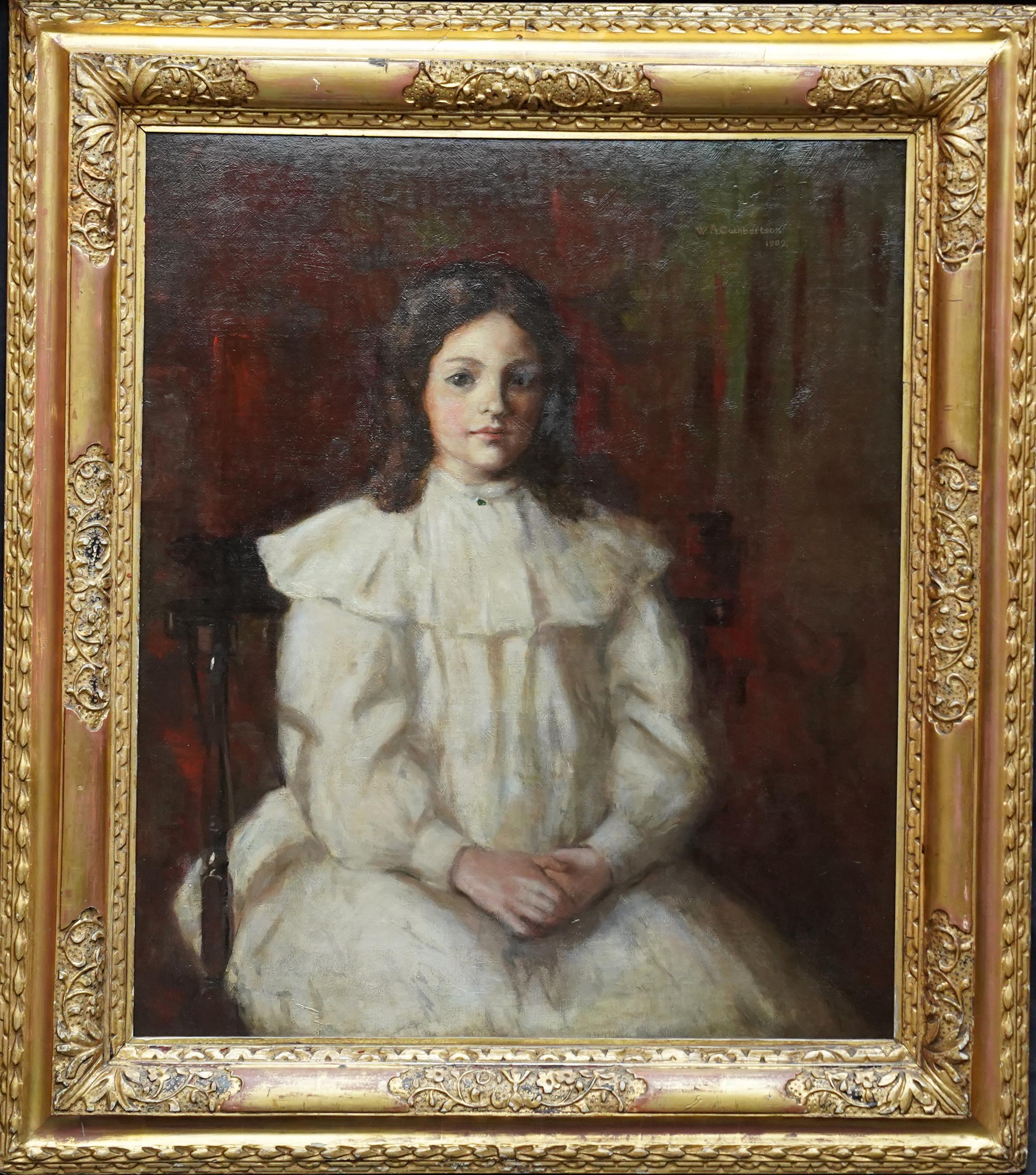 Retrato eduardiano de una joven - pintura al óleo retrato de arte escocés de 1909 en venta 6