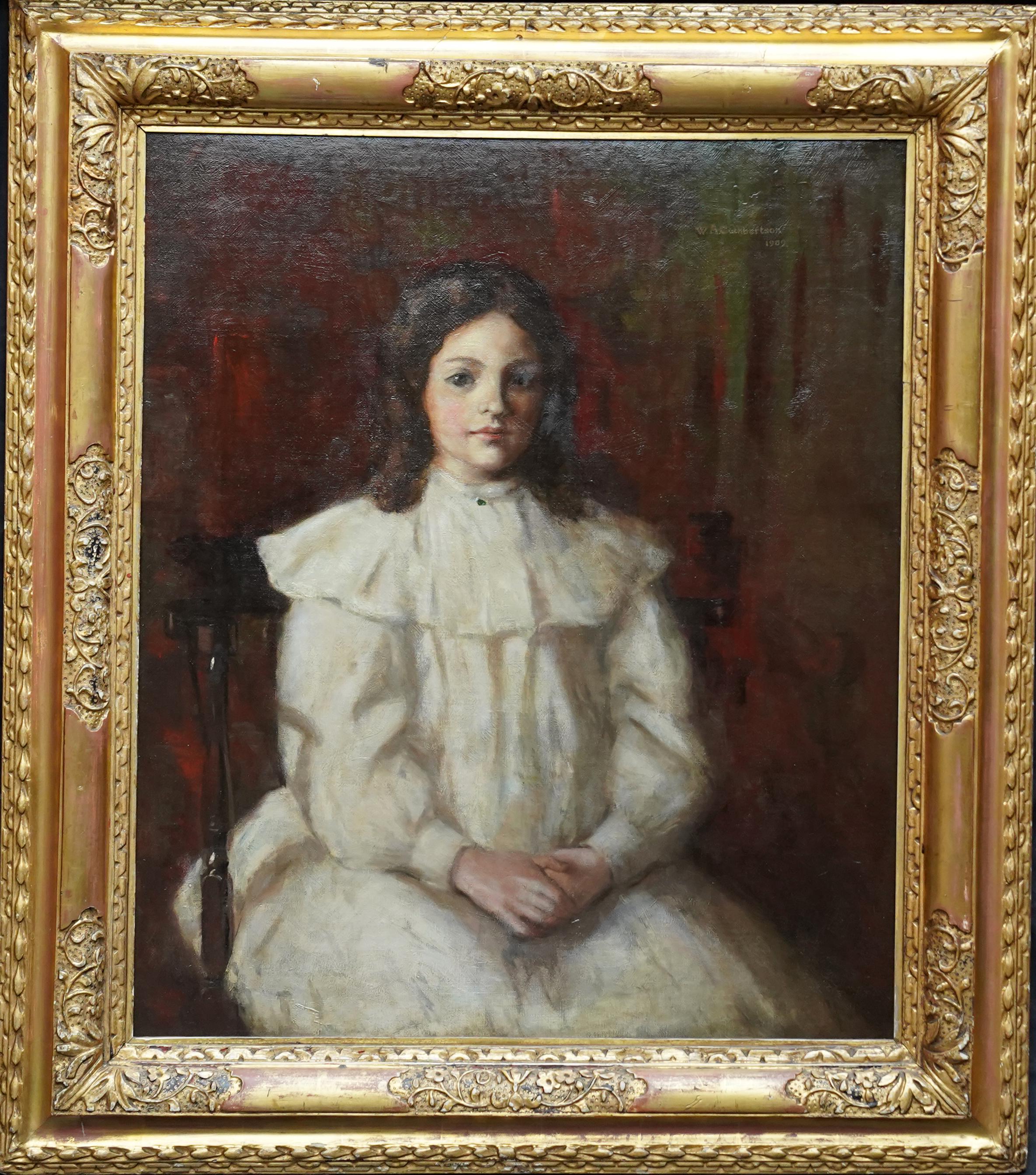 Edwardian Portrait of a Young Girl - Scottish 1909 art portrait oil painting For Sale 4