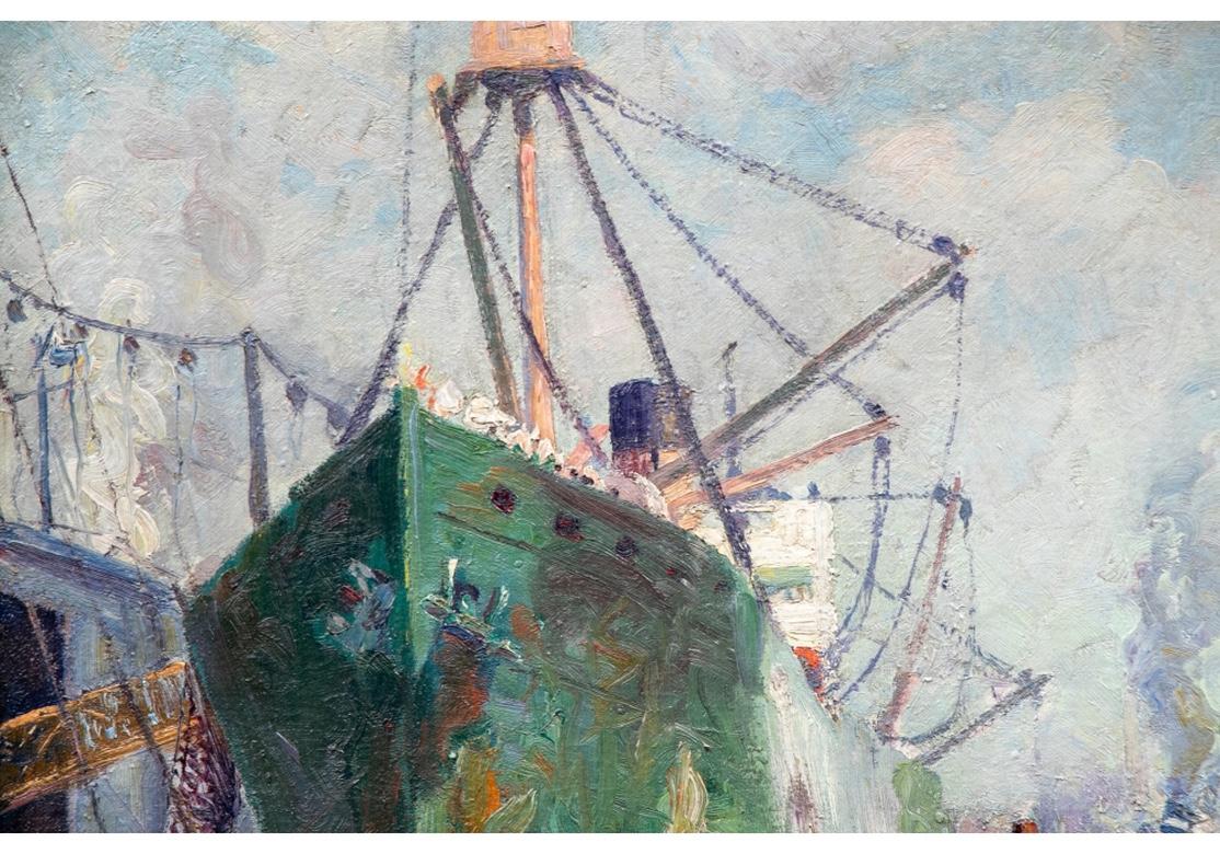 20th Century William Alexander Drake Oil Board, Ship at Dock For Sale
