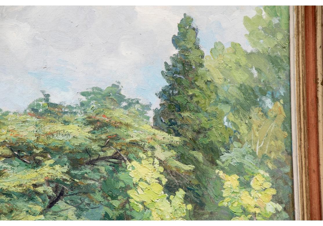 Signed, labeled and dated August, 1973 on verso. A sunny summer day featuring the garden of the artist in golden tones with flowers planted along a fence along with two trees. A thick woods with tall green trees fills the scene under blue skies with