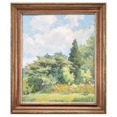 William Alexander Drake (Am., 1891-1979) Olio su tavola, Paesaggio di giardino