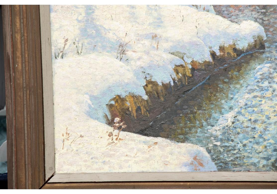 Signed and dated 2/75 lower right. A fine winter landscape of a forest in the snow with a sinuous stream running through it. Its water is illuminated by the sun, dappled in yellow, gray and rust, painted in a pointillist manner. Leafless tress line