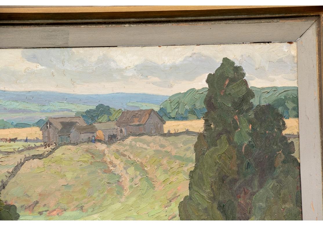 Oil on masonite depicting a charming country landscape in summer.
Signed and dated 1938 lower left. The pale green and brown colored fields of a farmstead are separated by fences with farm animals in the background. Tall green trees dominate the