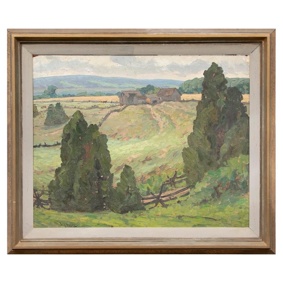 William Alexander Drake (Am., 1891-1979) Olio su masonite, Paesaggio di campagna