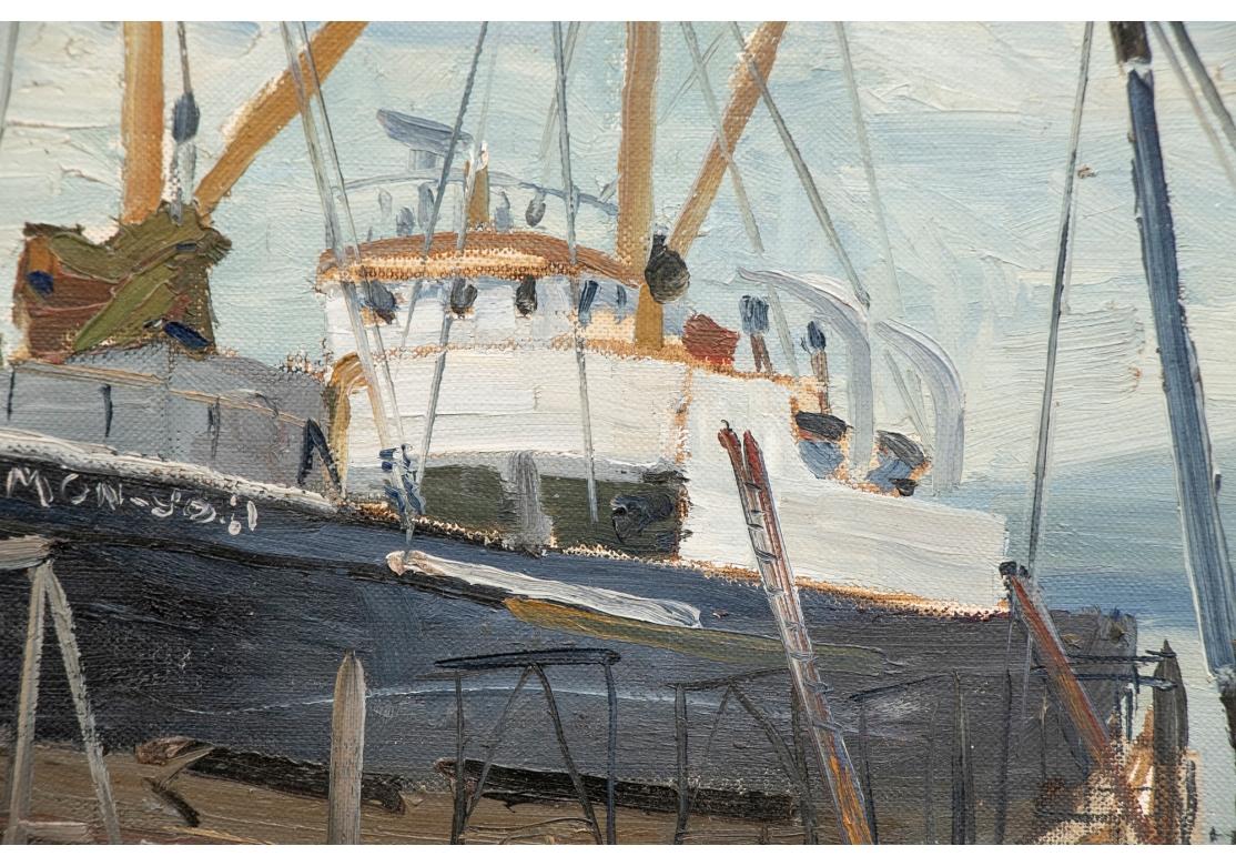 Signed lower right. A large fishing vessel, perhaps for tuna or other large fish, at a dock- with the equipment for repair in evidence. 
art 10 x 12