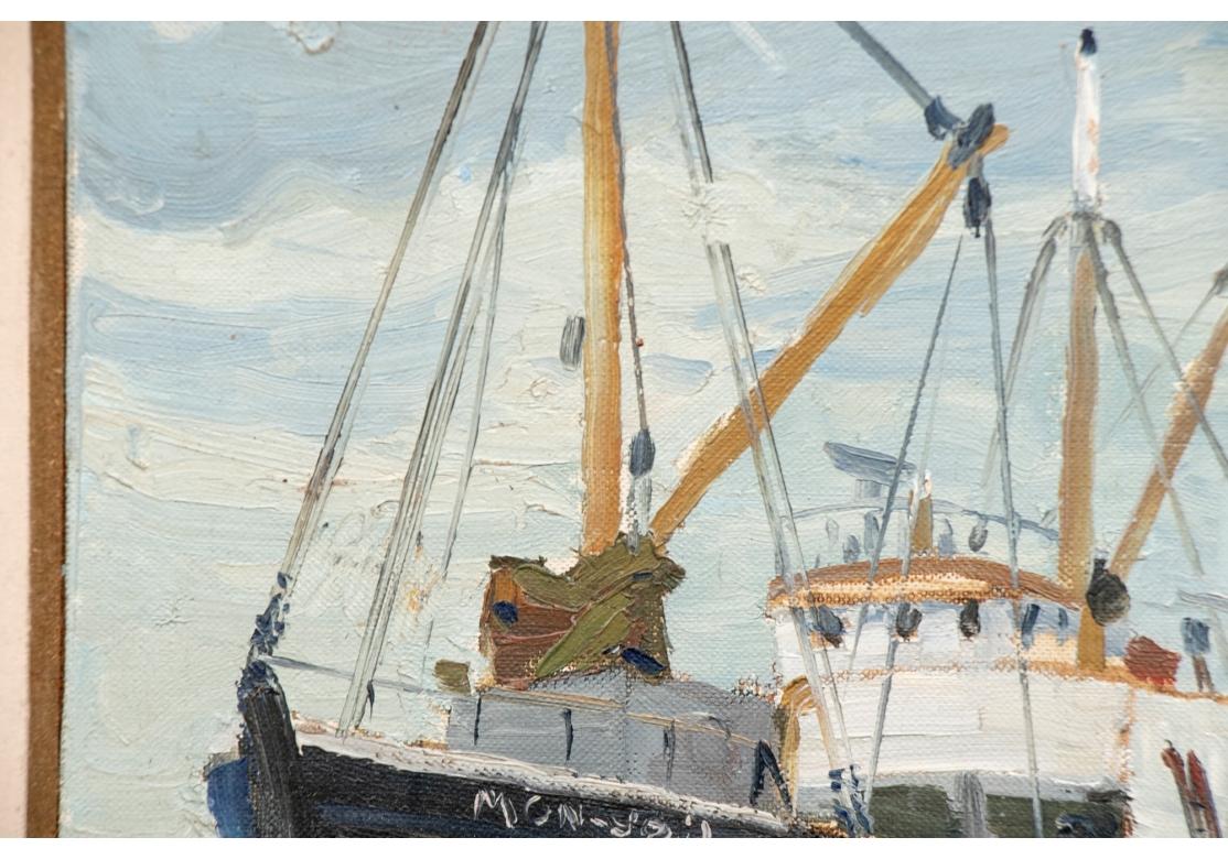 Mid-Century Modern William Alexander Drake (Am., 1891-1979) Oil On Masonite, Fishing Boat At Dock For Sale