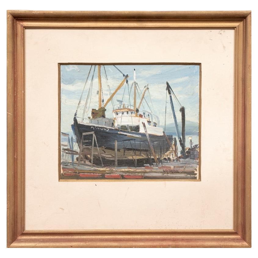 William Alexander Drake (Am., 1891-1979) Huile sur masonite, bateau de pêche au quai