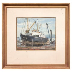 Vintage William Alexander Drake (Am., 1891-1979) Oil On Masonite, Fishing Boat At Dock