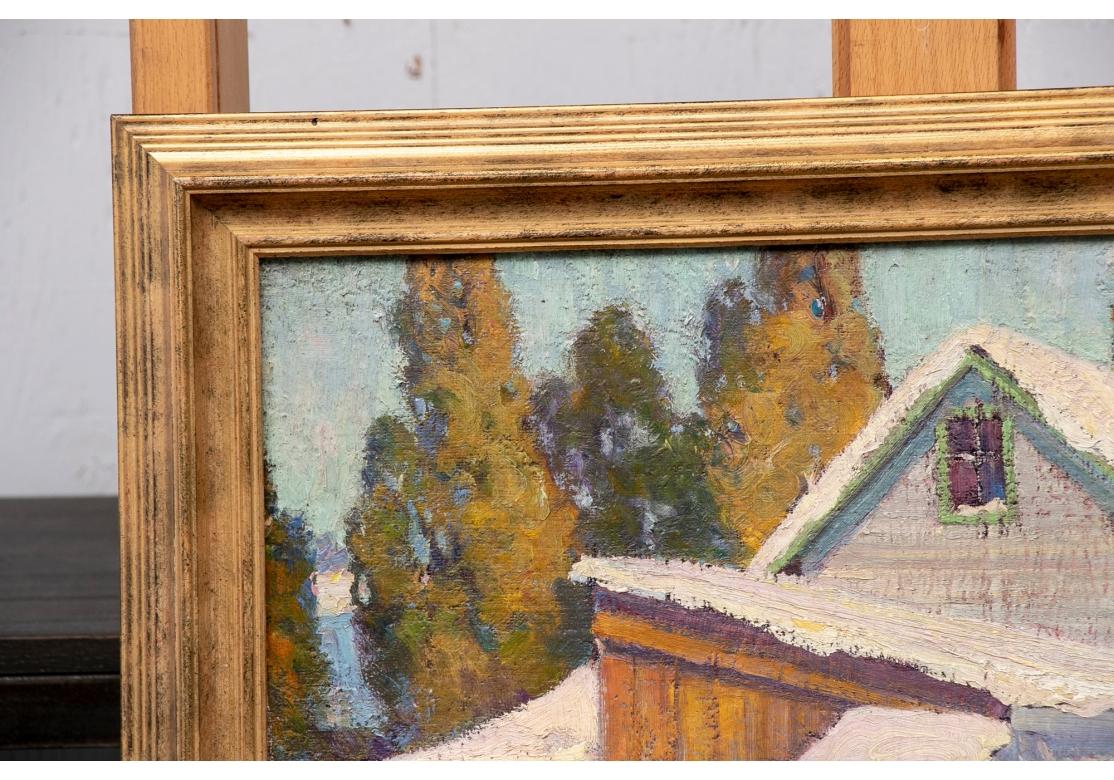 Oil painting on masonite or board.
Signed lower right. A charming country scene of a house in winter with a fence and bluish-white snow covered yard. Tall brown-green tress frame the house in back. 
20 x 24