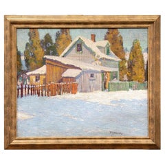 William Alexander Drake (Am., 1891-1979) OIl su pannello o masonite, Casa nella neve