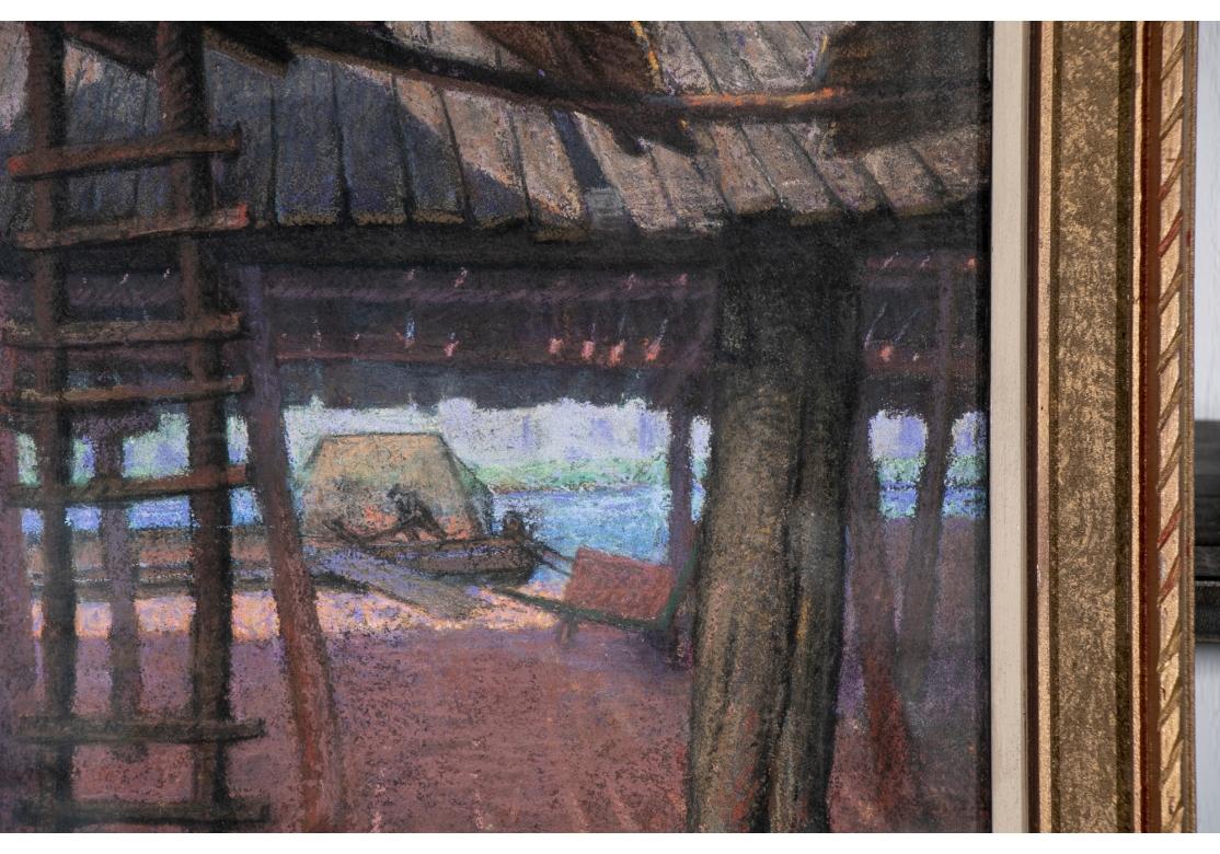 Un Pastel bien hecho que detalla un Complejo de la Era Industrial por William Drake. Firmado abajo a la izquierda en el centro. Vista en detalle de un complejo naval con estructuras de madera con zonas cubiertas abiertas a la intemperie. El sol