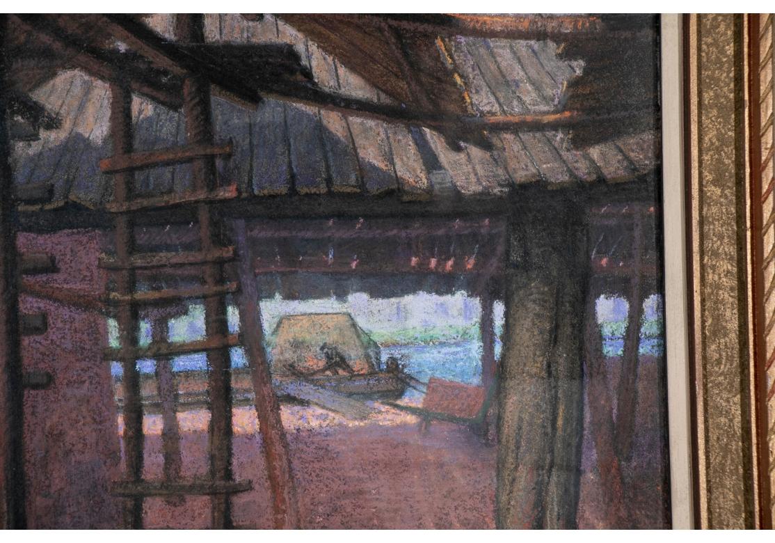 William Alexander Drake (Am., 1891-1979) Pastel sobre masonita, Cobertizos en el agua en Bastante bueno estado para la venta en Bridgeport, CT
